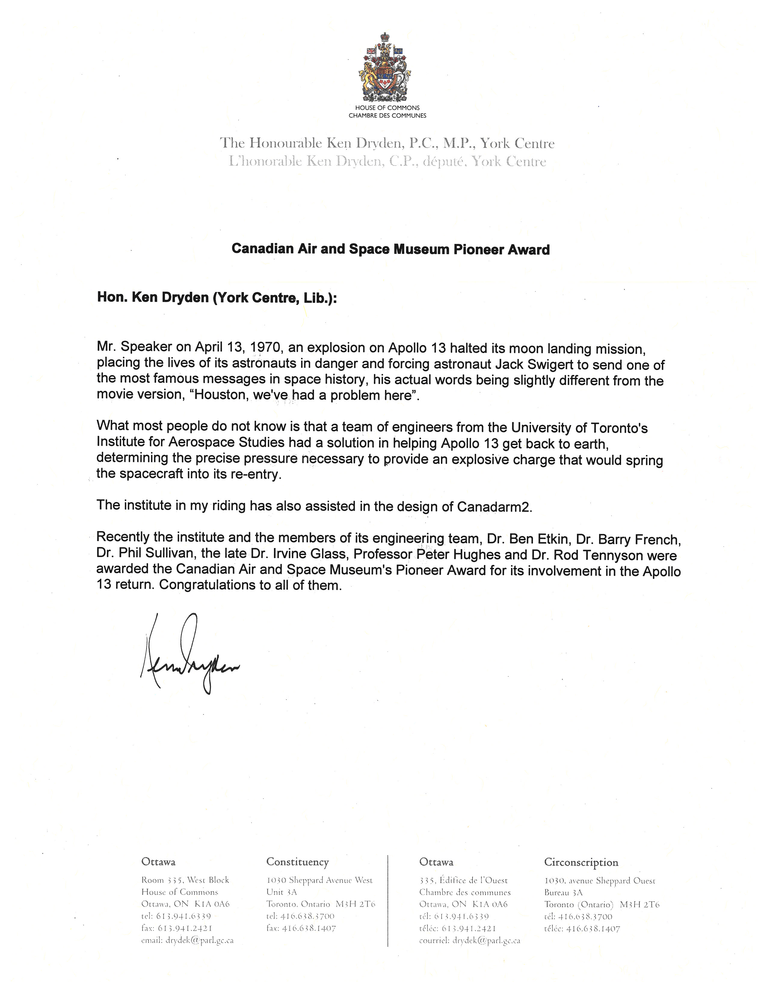 Formal letter by The Honourable Ken Dryden for the Canadian Air and Space Museum Pioneer Award