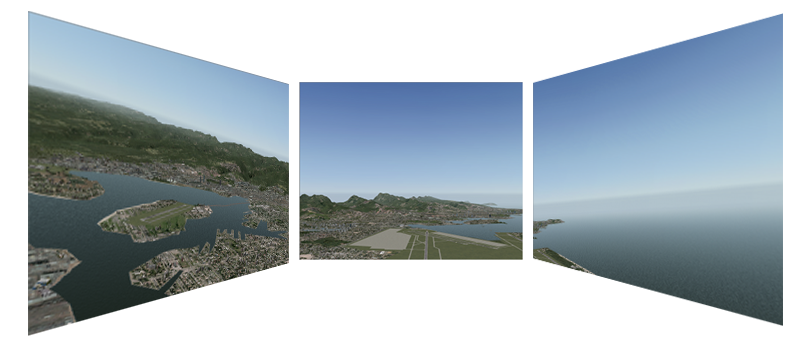 View of from the visual system using a flight simulator, overlooking water and land